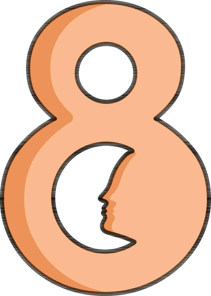 creativo 8 número con mujer cara icono en naranja y blanco color. vector