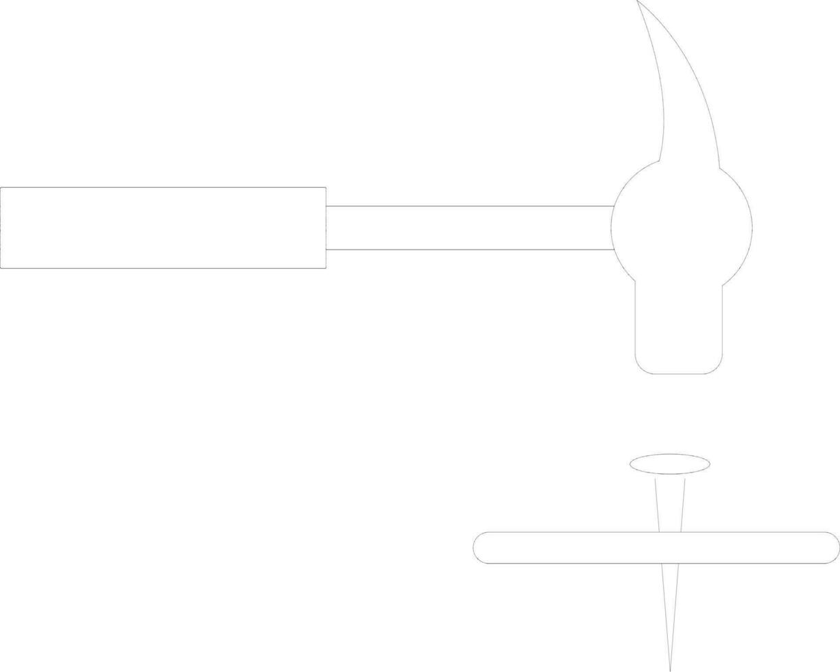 Hammer and nail in black line art. vector