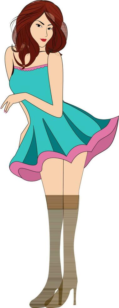 Character of a girl wearing short dress with long boot. vector
