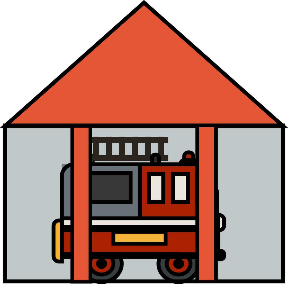 Illustration of fire truck standing under the station. vector