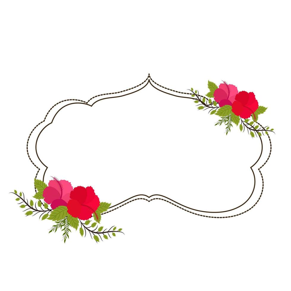 Hibiscus flowers and leaves decorated frame. vector