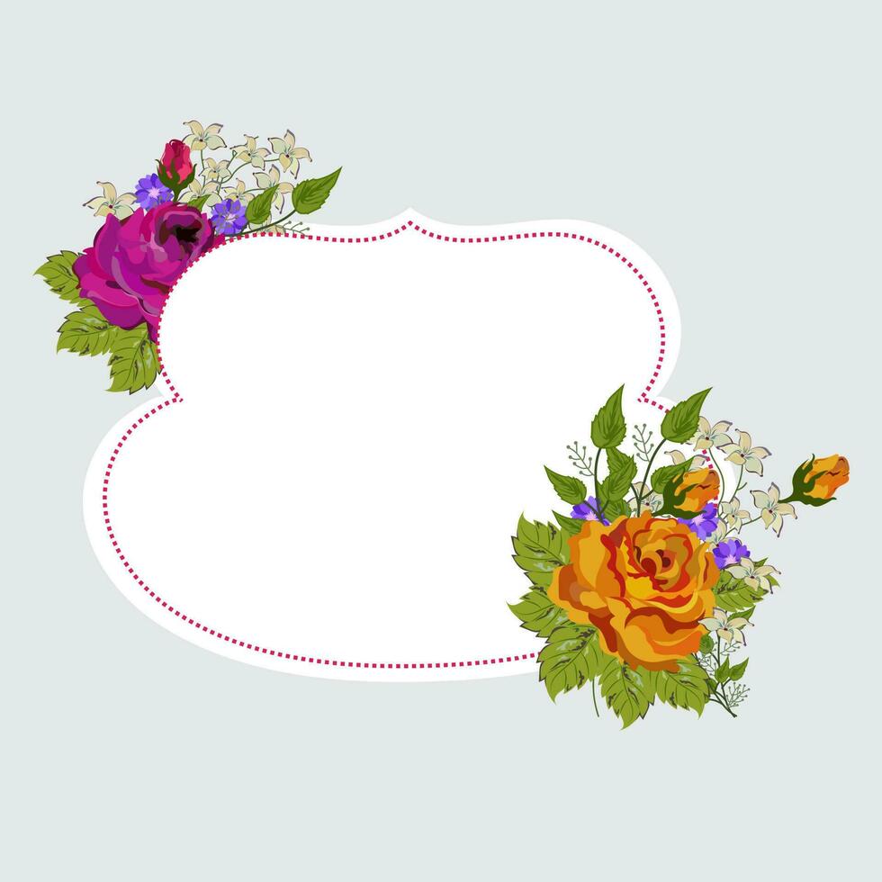 Beautiful rose flowers and leaves decorated sticker. vector