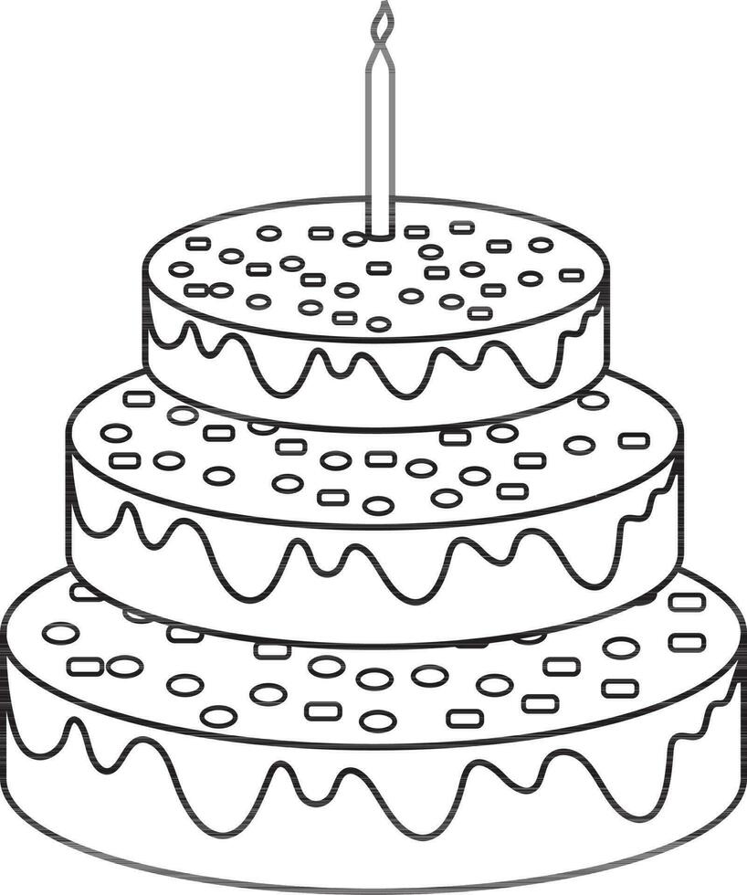 Decorated cake with burning candle made by black line art. vector