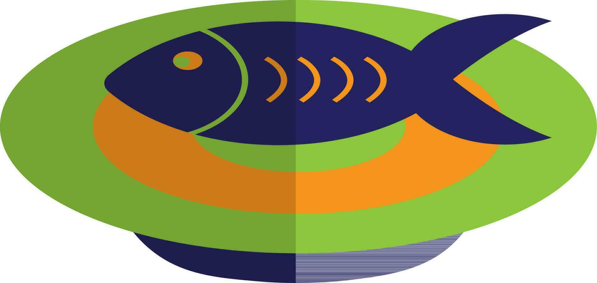 Character of blue fish on green and orange plate. vector
