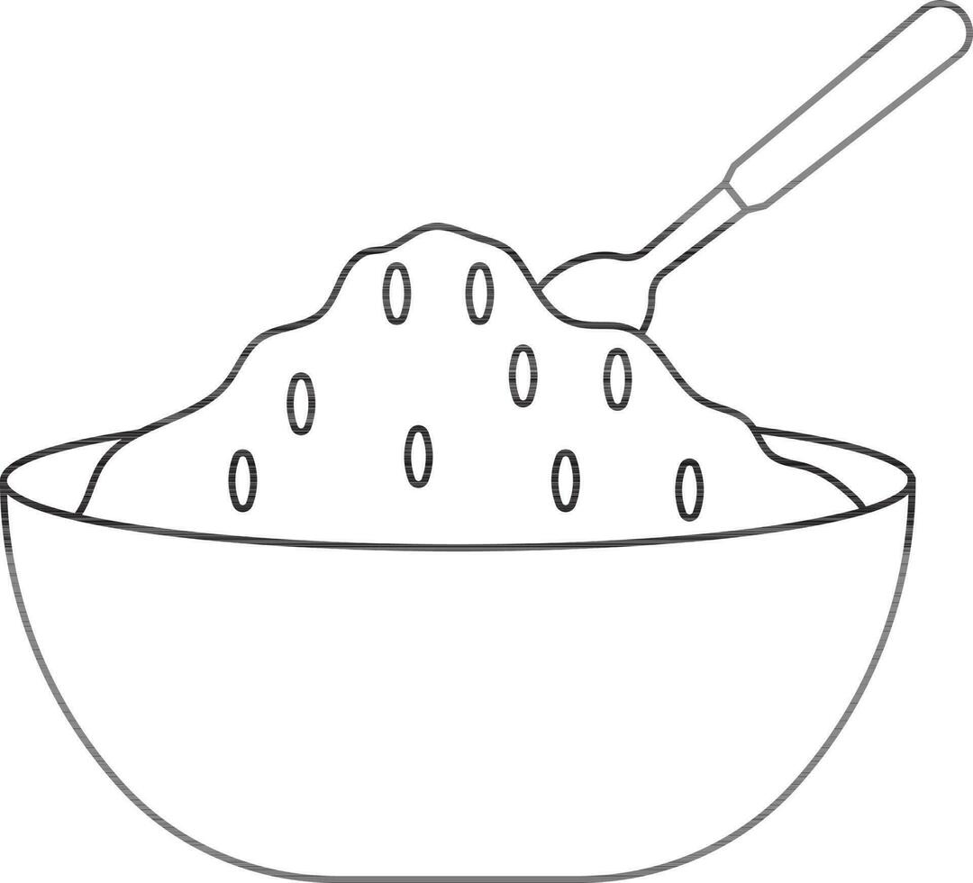 Black line art rice in bowl with spoon. vector