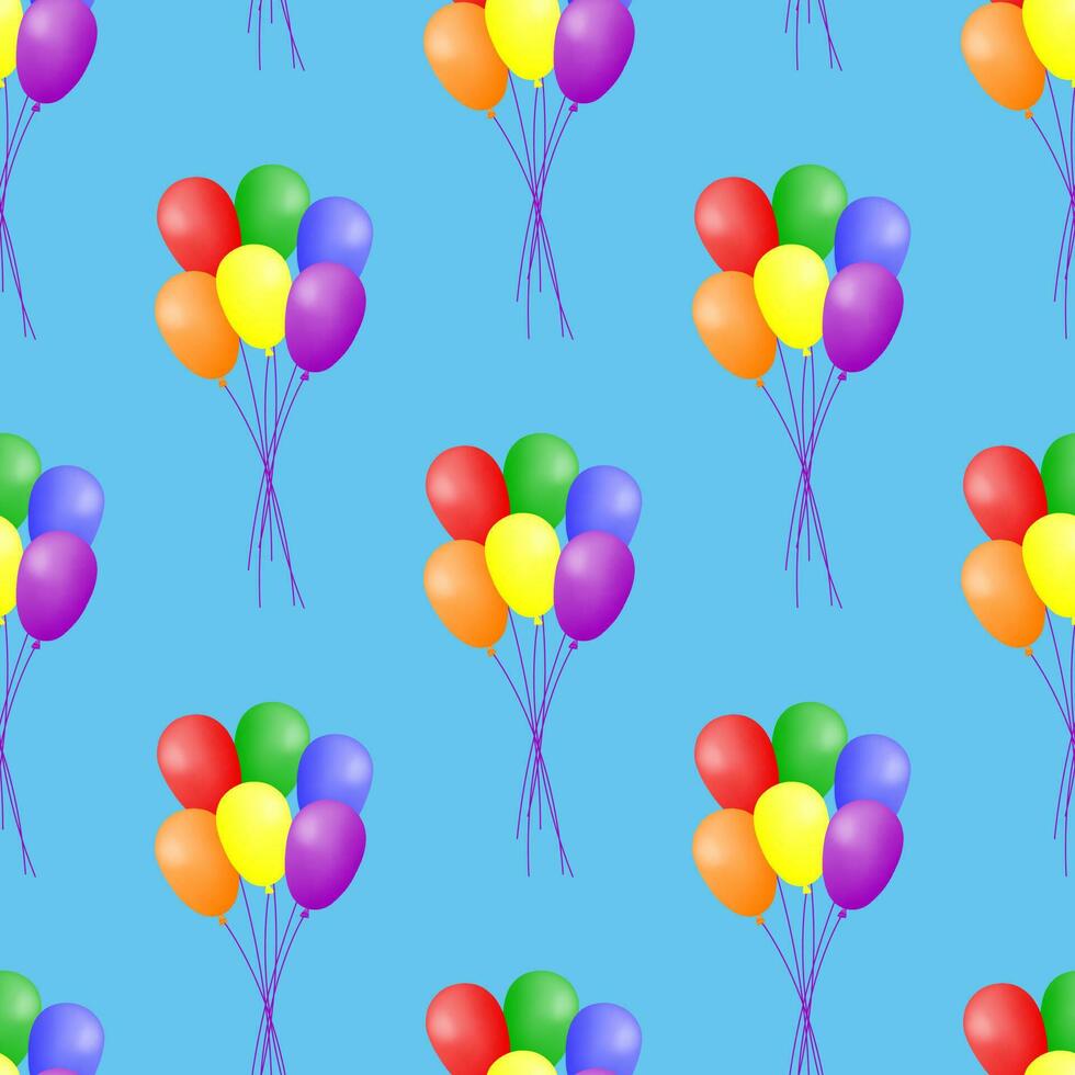 Seamless pattern with colorful balloons floating on a blue background. Cheerful design for holiday decoration, fabric, wallpaper or wrapping paper. Vector illustration.
