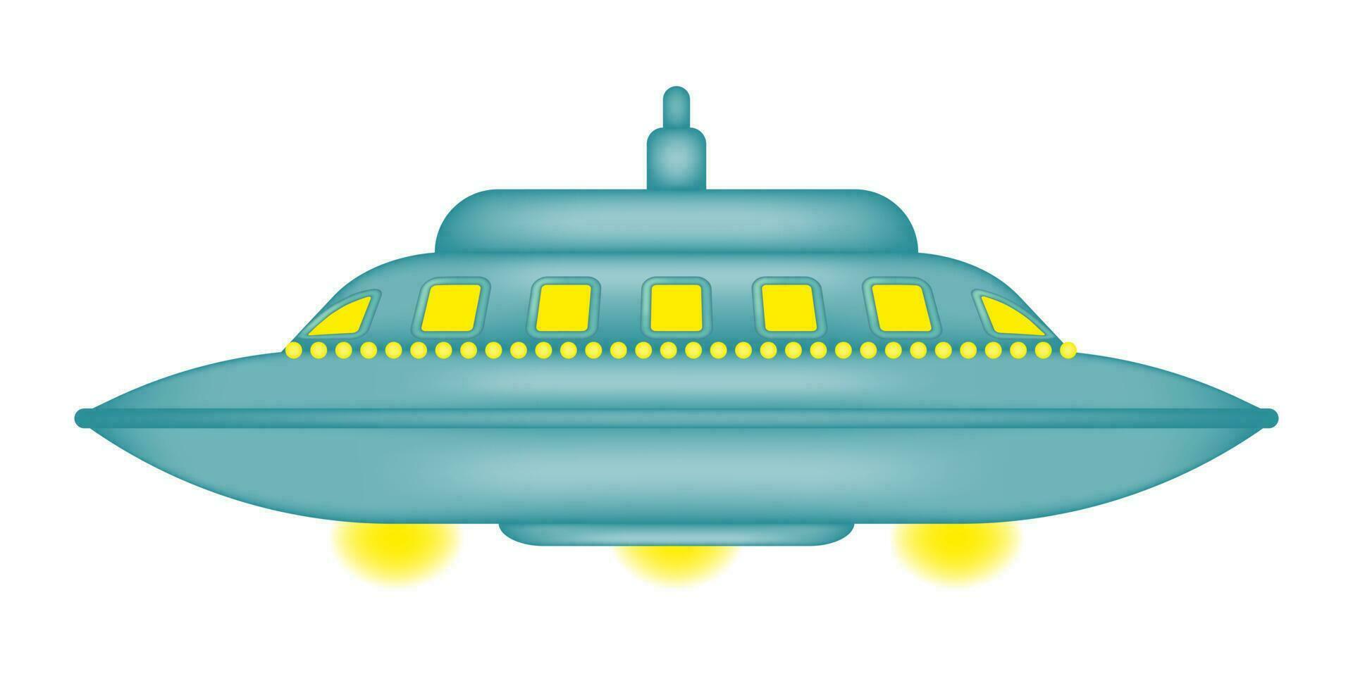 Quirky isolated cartoon flying saucer. UFO day. UFO with bright yellow lights. Fantastic alien spaceship. Vector illustration.