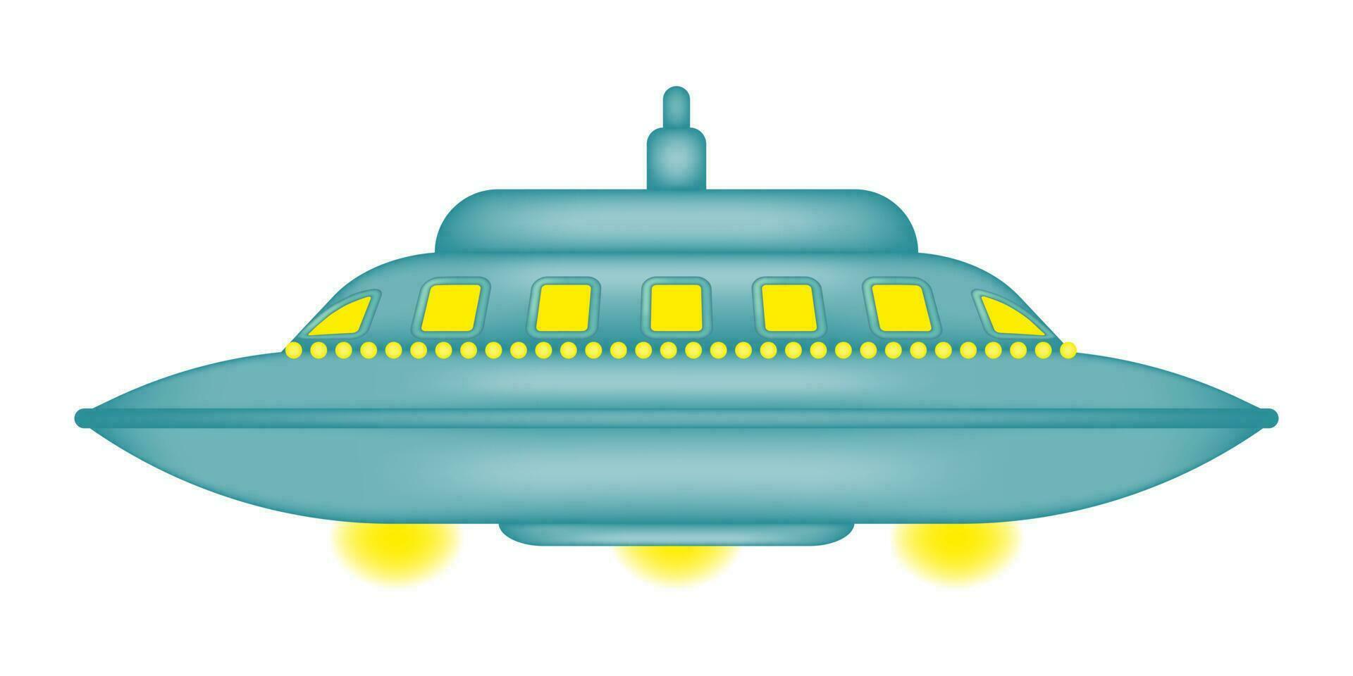 Quirky isolated cartoon flying saucer. UFO day. UFO with bright yellow lights. Fantastic alien spaceship. Vector illustration.