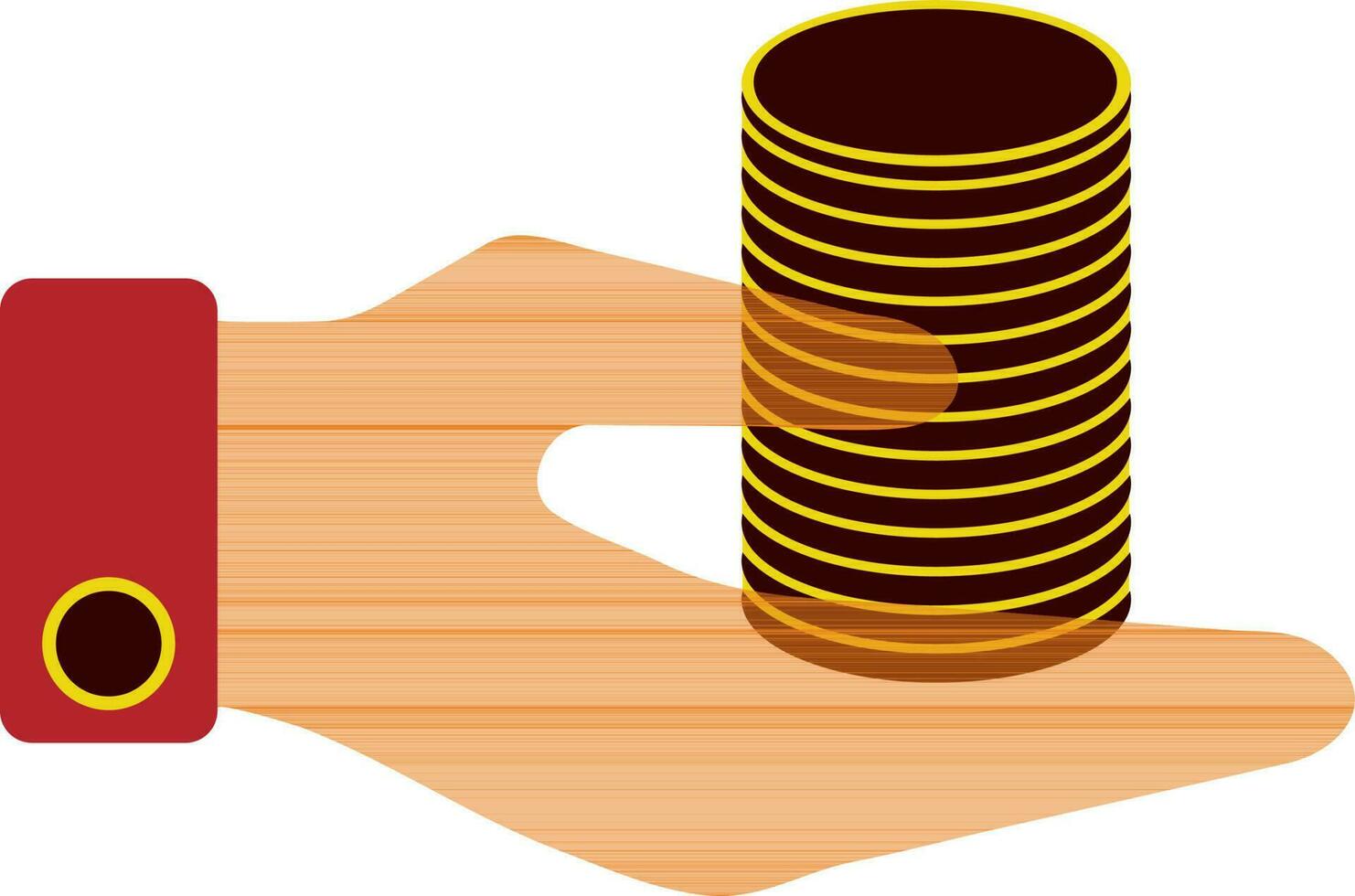 Hand holding cash in stacks of coins. vector