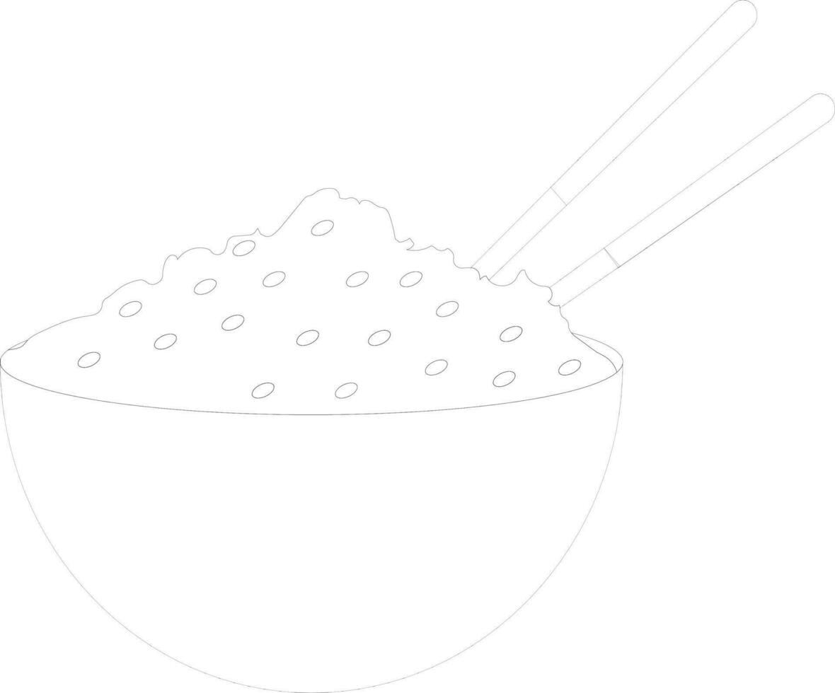 Black line art rice in bowl with chopsticks. vector