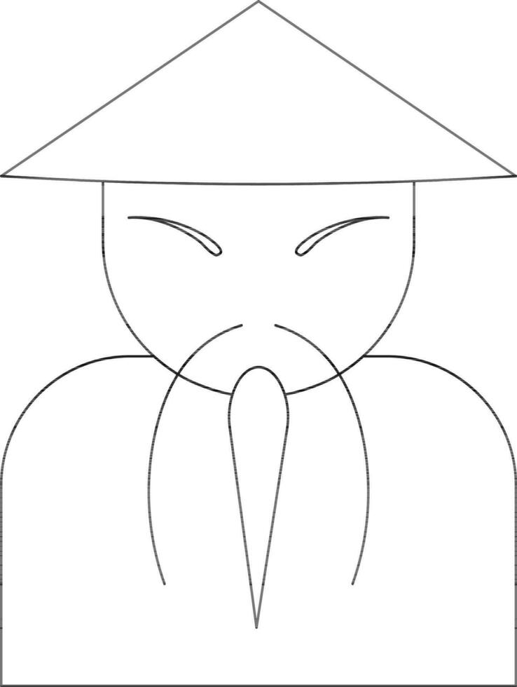 Character of a chinese man wearing black cap in black line art. vector