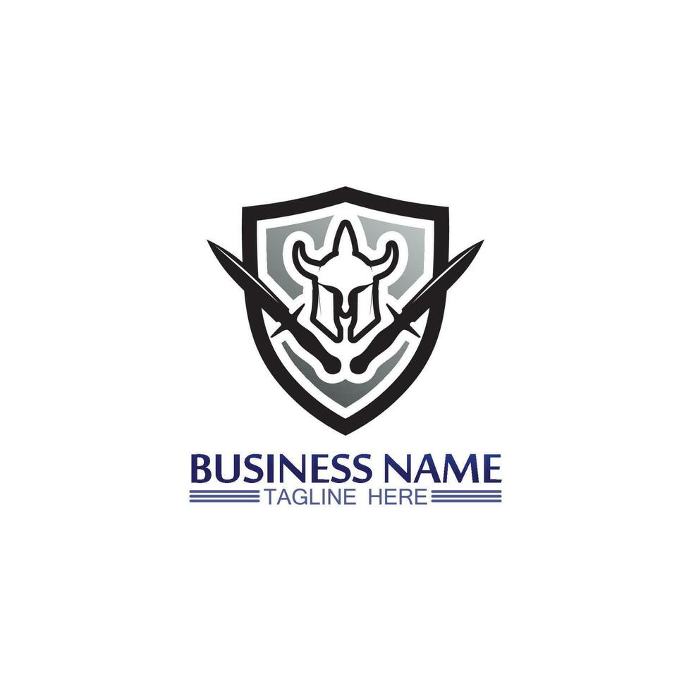 Spartan Helmet logo and gladiator, power, vintage, sword, safety, legendary logo and vector of soldier classic