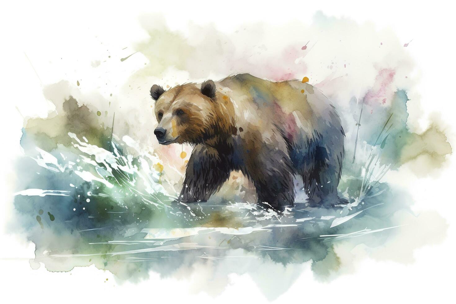 A bear fishing in a river watercolor painting, beautiful natural forms, crisp clean shapes, colorful, white background, generate ai photo