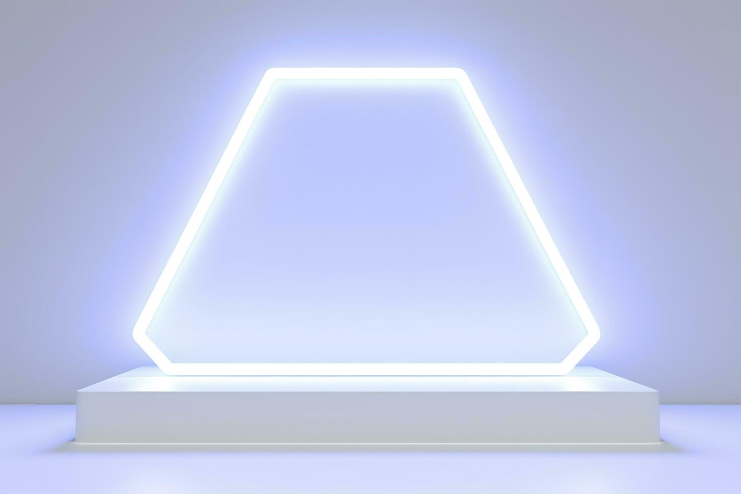 Realistic podium display with neon white lights, Product display background with light frame, White prodium product display with light effect, neon lights background, generate ai photo