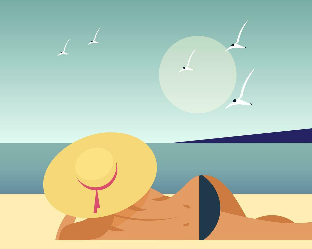 ver paisaje, un joven mujer en el playa y el mar con Gaviotas vacaciones y viaje ilustración, vector