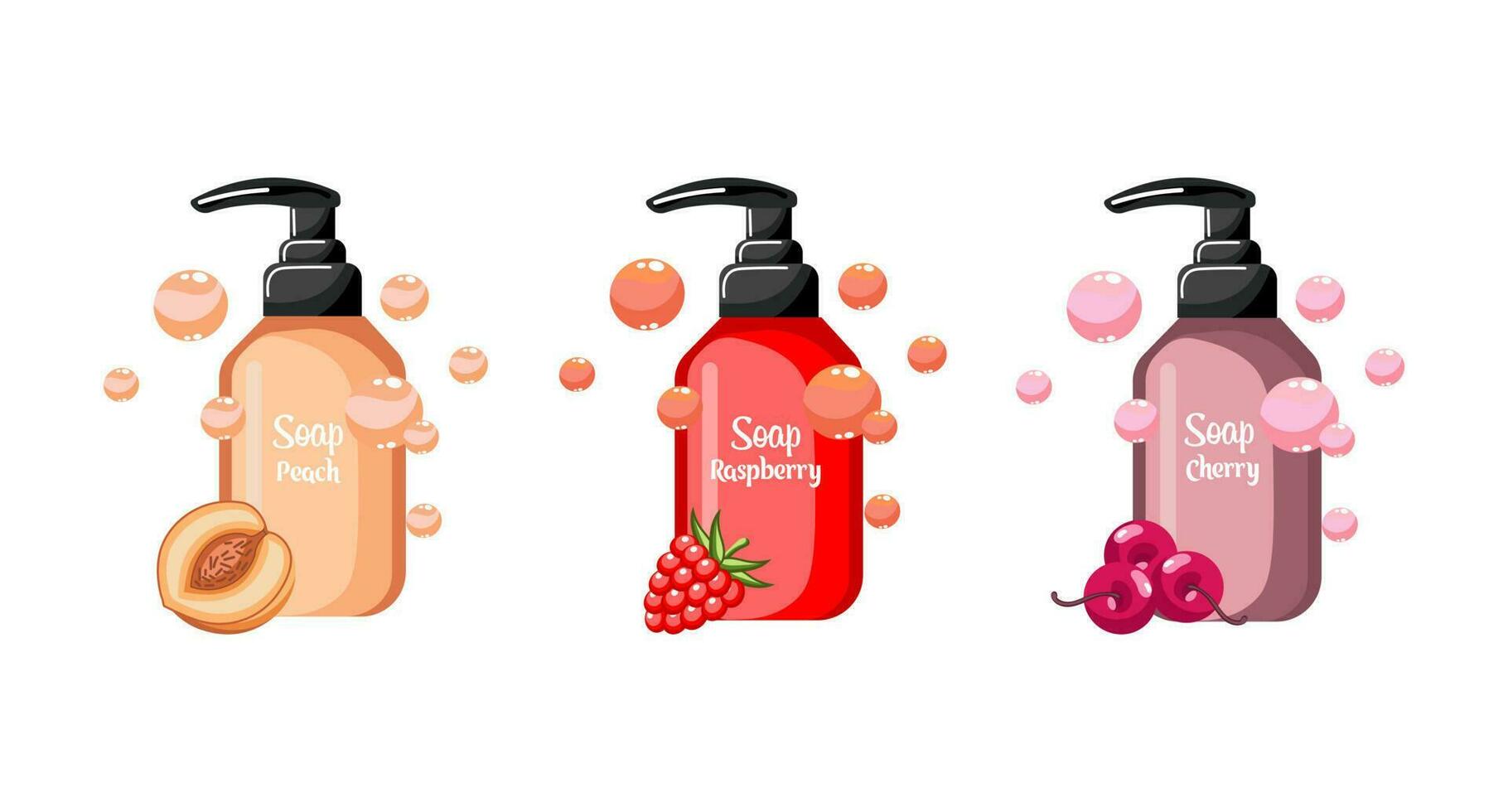 Bottles with liquid fruit soap, vector set. Icons, illustrations