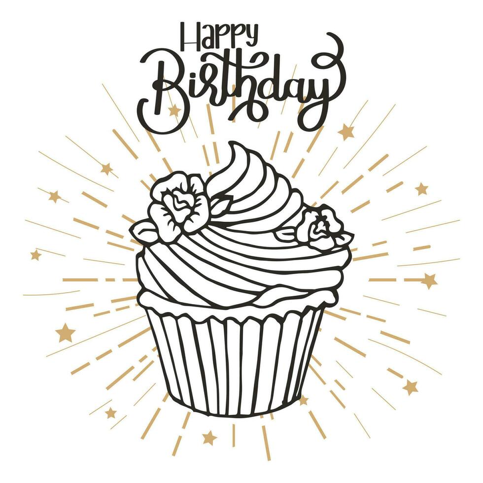 Happy birthday lettering and hand drawn cupcake. Greeting card, poster, typographic design, print. Illustration, vector