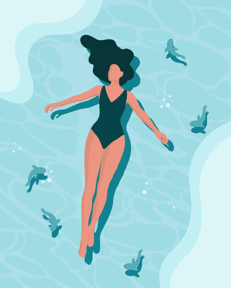 A young woman in a turquoise swimsuit lies on the water in the sea with fish. Summer holiday illustration, clip art, vector