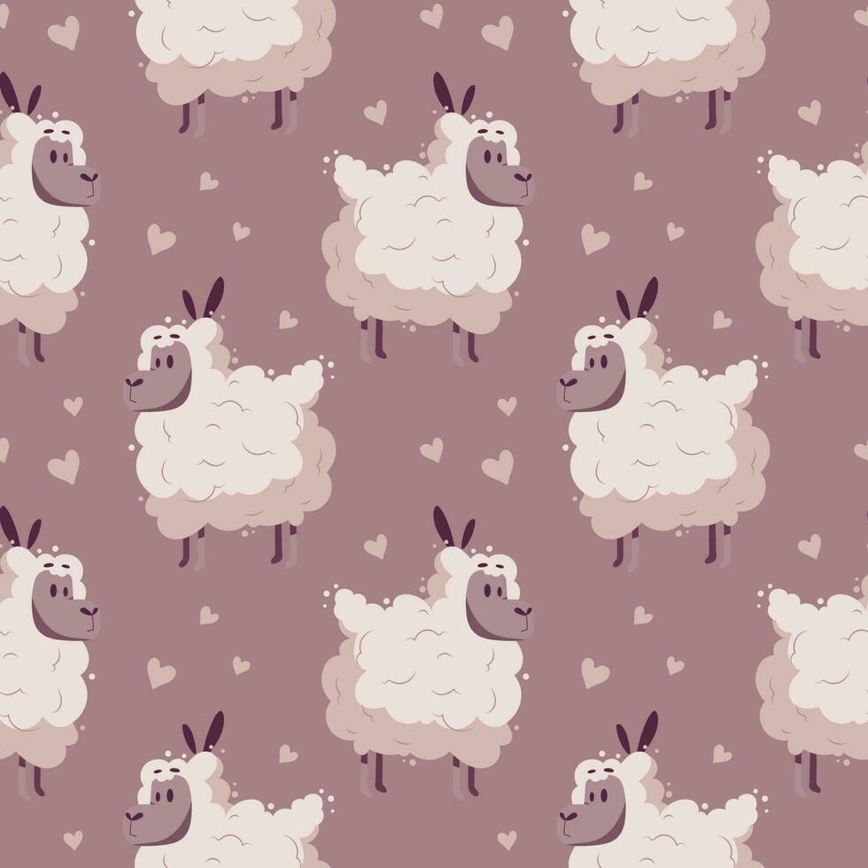 Seamless pattern, cute pink sheep with hearts on a pink background. Cartoon illustration in flat style, children's print, vector