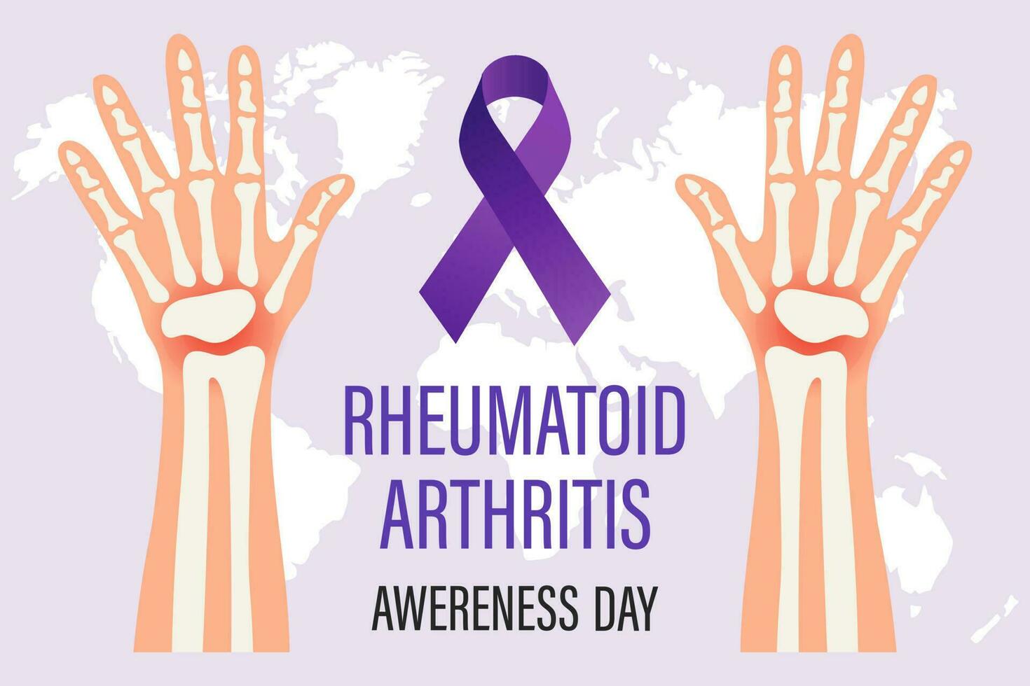 Rheumatoid Arthritis Awareness Day banner. Purple ribbon and skeleton
