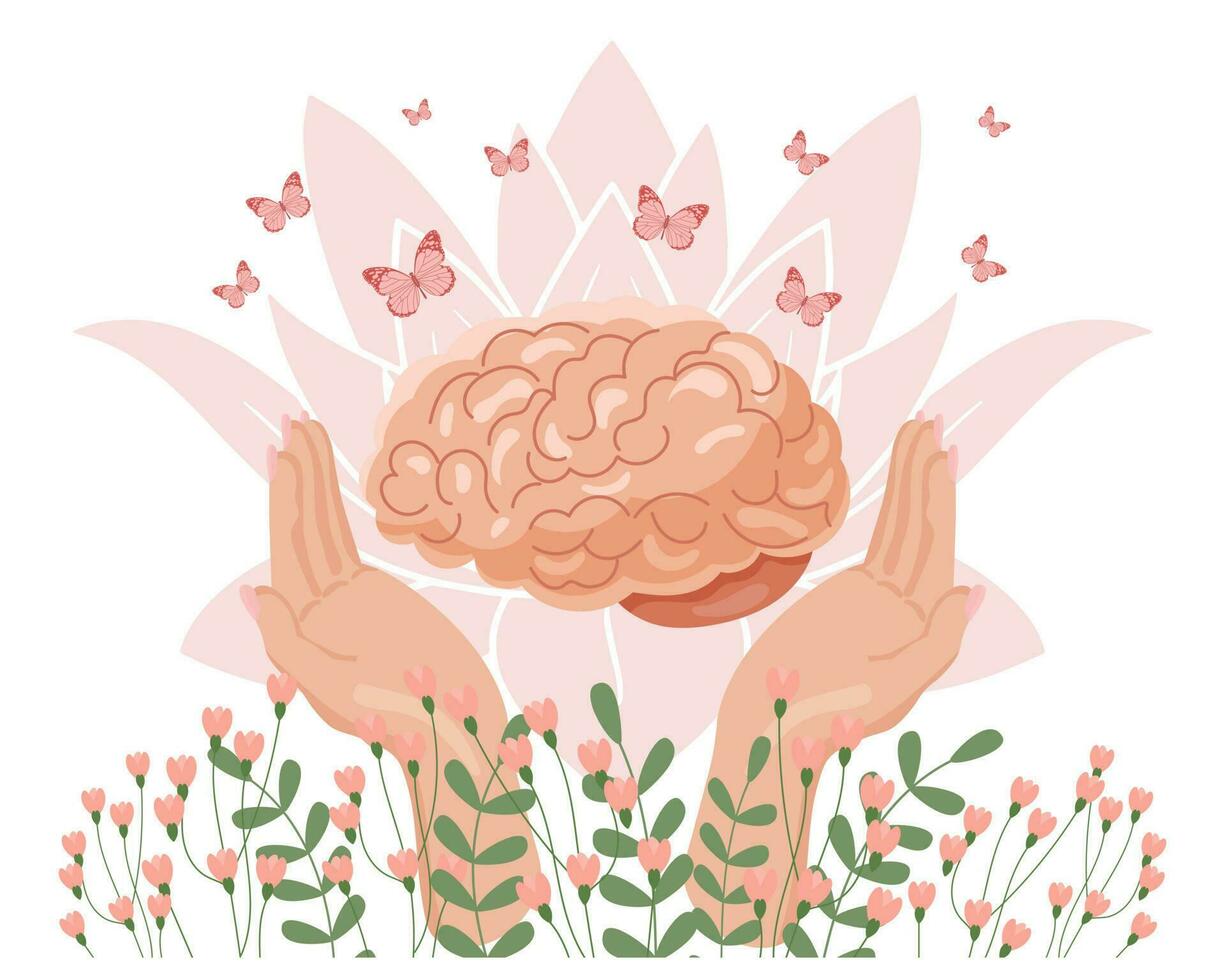 Mental health Hands holding a brain with flowers and butterflies. Healthy mental state, self-love, self-care, self-acceptance. Illustration, vector