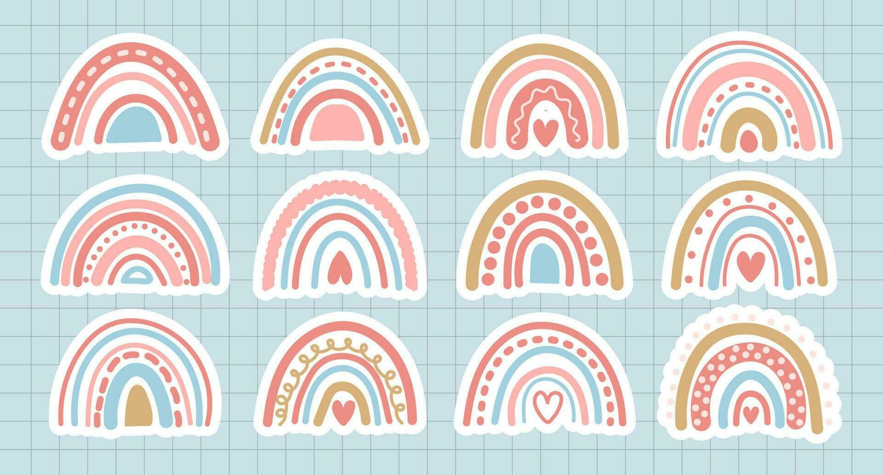Set of doodles, rainbows, suns with clouds in retro boho style. Baby stickers, scrapbook icons. Minimal abstract art. Vector