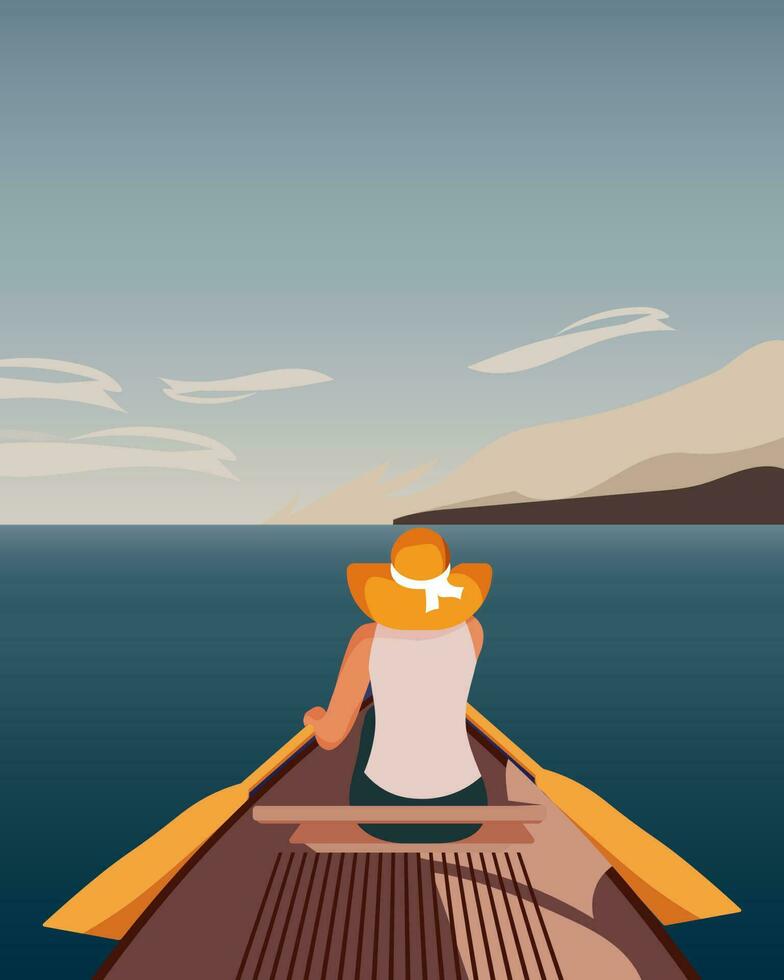 Woman on a boat with oars in the sea. Woman in a summer hat. Summer illustration, seascape. Vacation concept. Vector