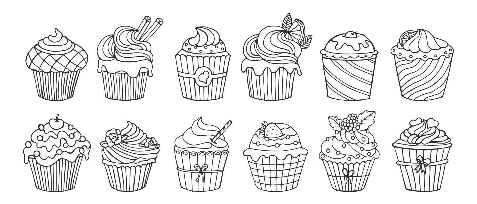 Set of hand drawn line art holiday cupcakes. Food icons, design elements, coloring book. Vector