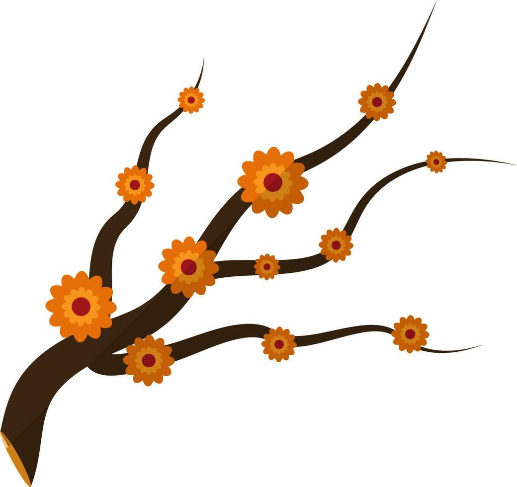 plano estilo naranja flores en marrón rama palos vector