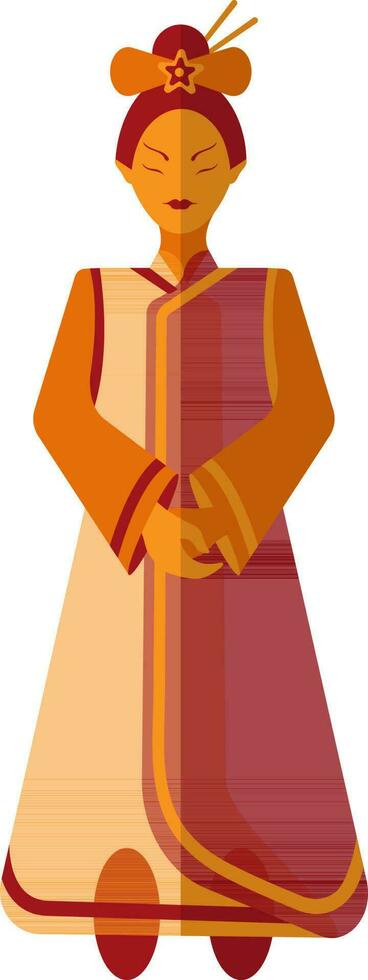 Character of a female wearing chinese dress in red and orange color. vector