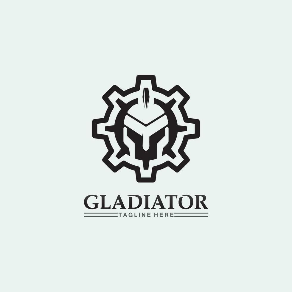 logo de casco espartano y gladiador, poder, vintage, espada, seguridad, logo legendario y vector de soldado clásico