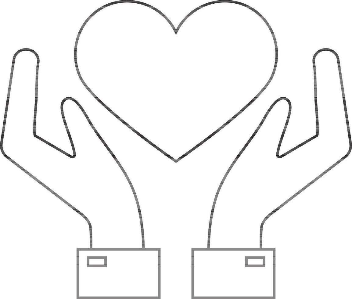 Two hands carefully protecting a heart in black line art. vector