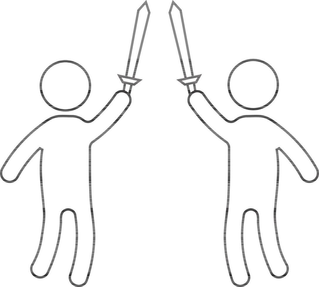 Character of faceless two males holding swords in black line art. vector