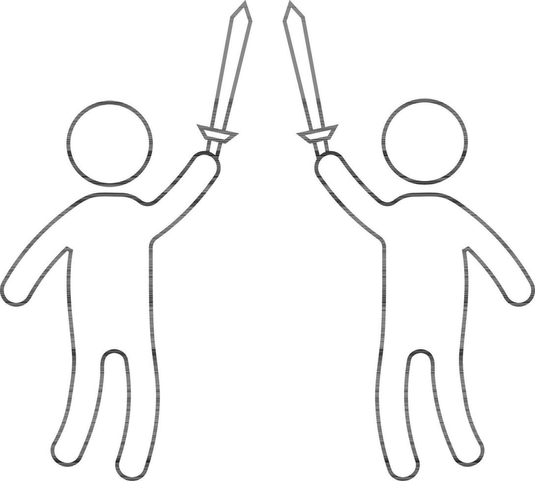 Character of faceless two males holding swords in black line art. vector