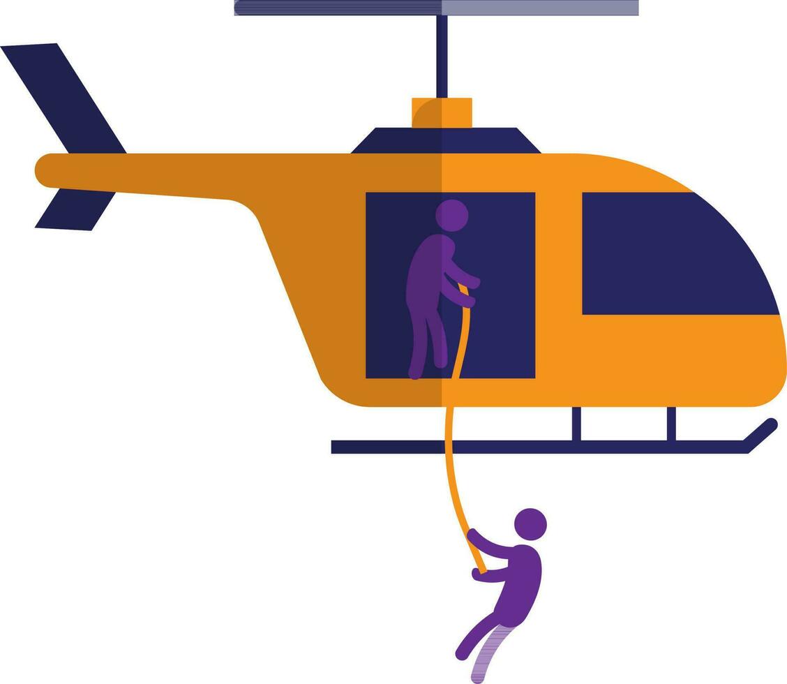 Character of faceless man climbing wiith rope on orange and blue helicopter. vector