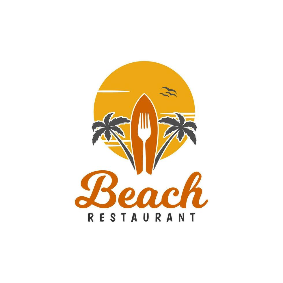 Surf Board, Fork , And Palm for Beach Restaurant Logo, Resort logo design vector