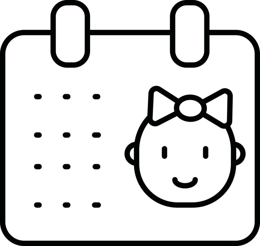 Line art illustration of Baby girl cartoon on calendar icon. vector