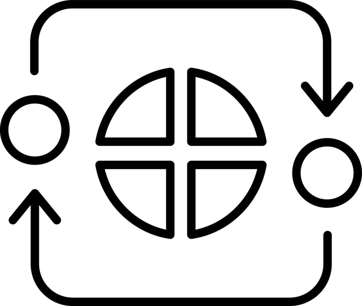 Arrow Rotating Coin with Pie Chart Icon in Black Line Art. vector