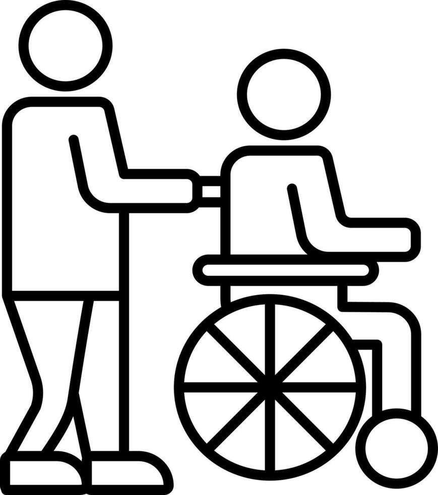 Human carrying disabled wheelchair man icon in line art. vector