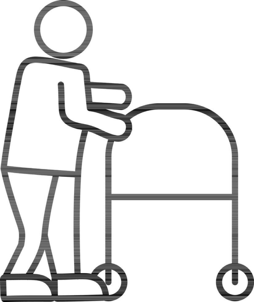 Flat style disable woman holding walker icon in line art. vector