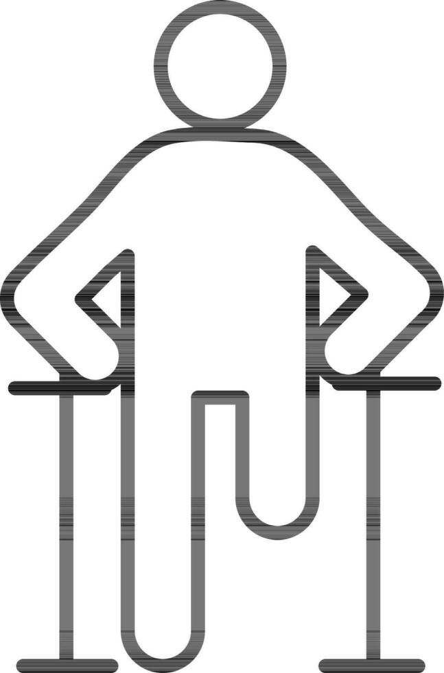 One legged disabled man holding crutches stick icon in line art. vector
