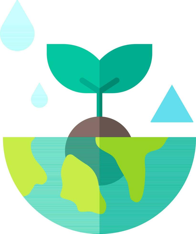 Rainfall on plant in half earth globe icon or symbol. vector