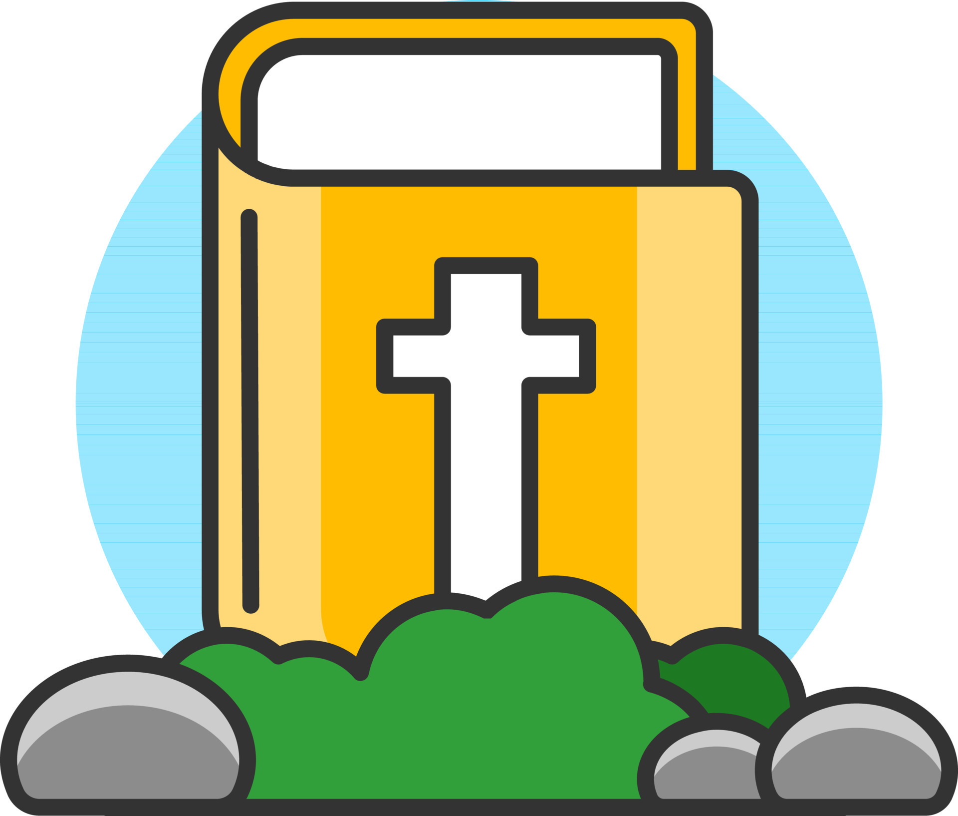 Yellow Bible with Green Grass and Stones icon on Blue Circle Shape