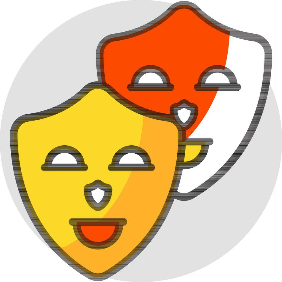 Yellow and Orange Comedy Mask Icon on Grey Circle Shape. vector