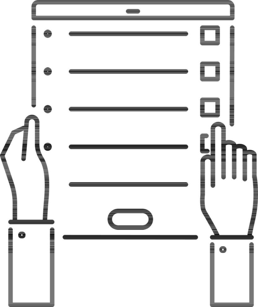 Hand Holding Smartphone with Application List icon in line art. vector