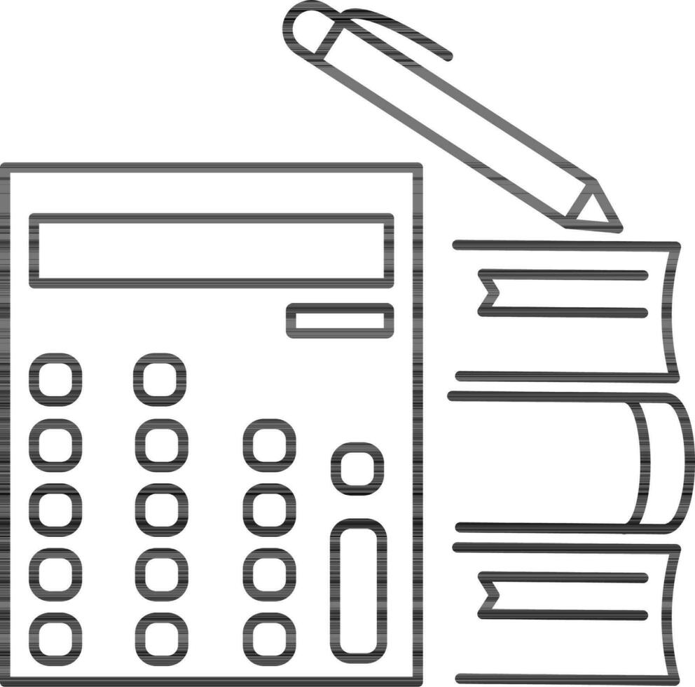 Books with Calculator and Pencil icon in black outline. vector