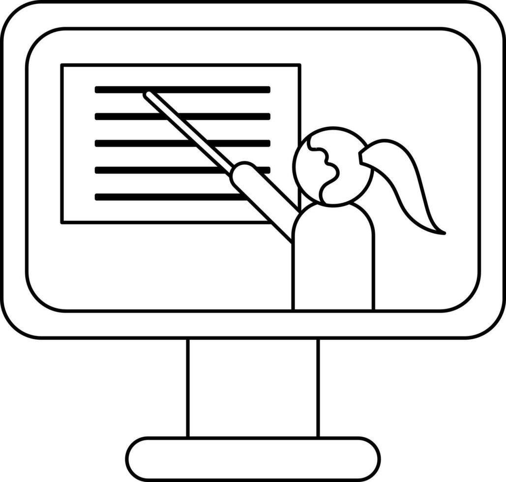 Cartoon Woman Pointing with Stick in Monitor Screen for Online learning line art icon. vector