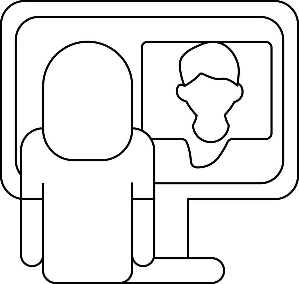 Back View of Woman Video Conference from Monitor icon in black outline. vector