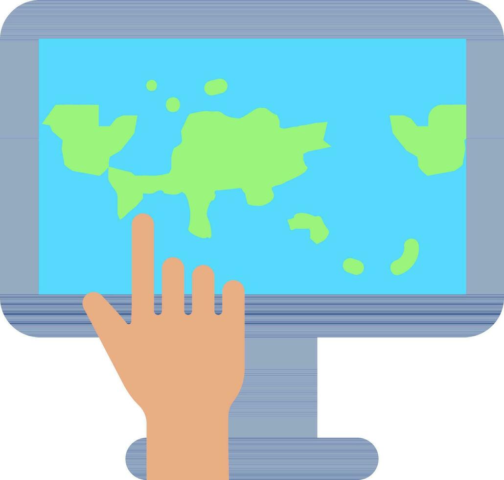 mano toque mundo mapa monitor pantalla icono en azul y verde color. vector