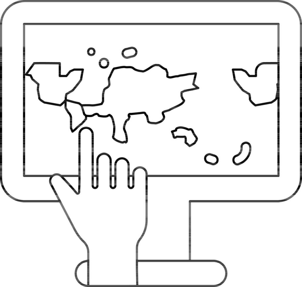 Hand Touch World Map Monitor Screen icon in black thin line art. vector